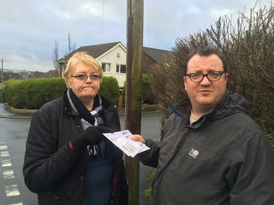 ocal Resident Irene Davidson with Andy Kelly on the Silver Hill Estate at the site of the missing Post Box