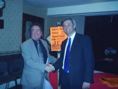 Councillor Peter Rush meets Chris Huhne MP and welcomes him to Heywood.