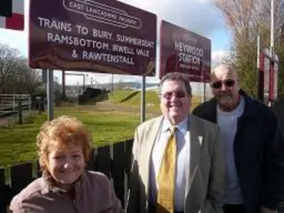 Councillor Doreen Brophy-Lee, Councillor Peter Rush and Councillor Malcolm Bruce outside Heywood Railway Station