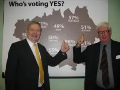 Leader of Rochdale Council Alan Taylor alongside Paul Rowen MP at the lauch of the 'Yes' campaign.